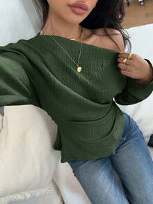 Siren Gaze Women's Casual Solid Color Textured Oblique Shoulder Long Sleeve Top, Autumn - Army Green - View 6