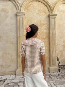 Serisse 女士格子拼接荷叶边下摆前系带可爱泡泡袖衬衫 - 彩色 - 查看 2