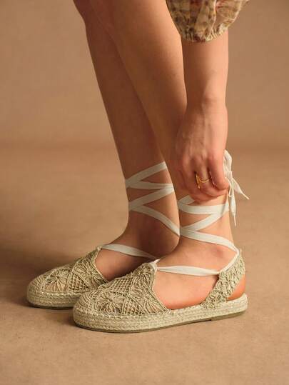 Rosivie 女士平底凉鞋，编织网面鞋面，绳编鞋底，渔夫风格，编织，波西米亚风，度假，沙滩，休闲，优雅，适合搭配短裤、牛仔裤、裙子