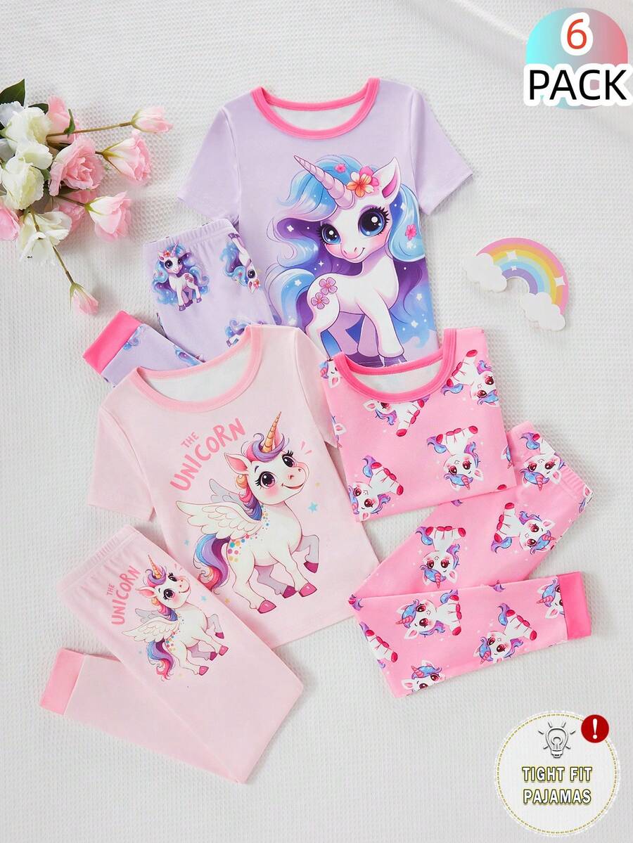 SHEIN 6件組 夢幻獨角獸風格女童幼童短袖長褲貼身睡衣家居服套裝 - 彩色 - 查看 1
