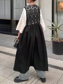 FRIFUL Women's Solid Color Layered Sheer Lace Patchwork Loose Casual Robe, Versatile Spring Outfit Sundress - Black - View 2