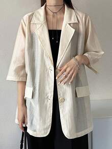 FRIFUL 女士休闲/职业单排扣中袖西装外套，夏季 - 米色 - 查看 6