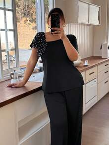 Napfluff CURVE Napfluff CURVE Asymmetrical Neckline, Sleeve Ruched Polka Dot Decor Short Sleeve & Long Pants Plus Size Pajama Set - Black - View 6