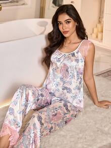 SHEIN 优雅蕾丝边饰花卉印花仿丝绸女士睡衣套装 - 杏色 - 查看 4