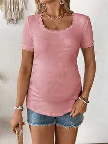 SHEIN Kaos Hamil Kasual Warna Polos Lengan Pendek Pas Badan, Musim Panas - Berwarna merah muda - View 5