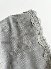 Elamini 女士夏季休闲黑色格子拼接蕾丝边修身抹胸上衣 - 灰色 - 查看 4