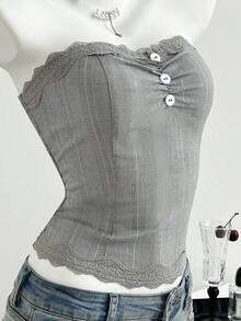 Elamini 女士夏季休闲黑色格子拼接蕾丝边修身抹胸上衣 - 灰色 - 查看 6