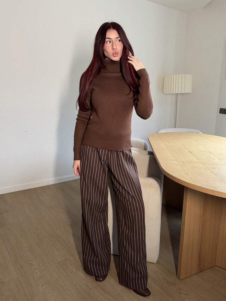 Abrilcols 高领保暖内衬贴身打底长袖毛衣，秋冬季保暖 - 棕色 - 查看 4