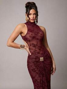 xheSilquee Vestido transparente con estampado floral en terciopelo negro, elegante y sexy, adecuado para otoño/invierno, San Valentín, Navidad, citas, fiestas, bodas y ocasiones formalesxhe - Burdeos - Ver 5