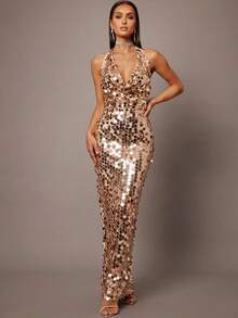 Silquee Đầm ôm dáng thanh lịch đính sequin dành cho nữ - Rượu sâm banh - Xem 6