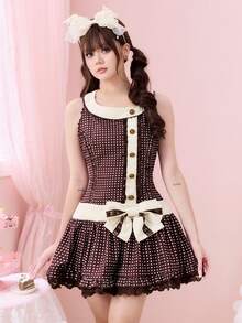 ROMWE Kawaii 复古甜心提拉米苏波点蝴蝶结无袖迷你连衣裙 - 咖啡棕 - 查看 1