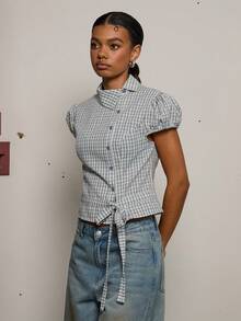 COUREZ PUFF SLEEVE ASYMMETRIC TIE FRONT SHIRT - Blue and White - View 6