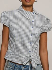 COUREZ PUFF SLEEVE ASYMMETRIC TIE FRONT SHIRT - Blue and White - View 7