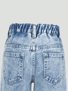 SHEIN 女童休闲牛仔裤，四季皆宜，复古浅蓝色牛仔布，不对称弹力腰设计，水钻装饰，直筒宽松版型，舒适棉质牛仔面料，适合日常、上学、度假、户外活动等各种场合，夏季百搭 - 淺色水洗藍 - 查看 6