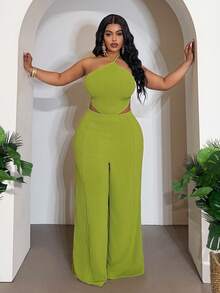 Slaydiva Plus Size Women Elegant Olive Green Summer Classy Night Out Club Halter Neck Hollow Out Wide Leg Pants Set, Sleeveless Tie-Knot Two Piece Outfit - Green - View 7