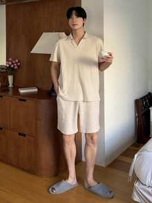 DAZY Summer Short Sleeve Polo Shirt Paired With Shorts Apricot Color Men Pajama Set - Apricot - View 6