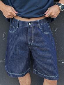DAZY Quần short denim nam mùa hè, thêu chữ, màu gốc đã giặt. - Màu xanh lam - Xem 4