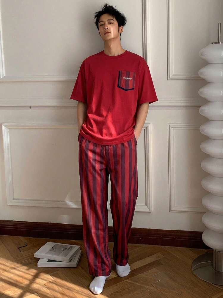 Red Short Sleeve Top And Pants Men's Pajama Set, Spring/Summer