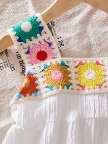 两件套女童碎花钩针吊带背心和裤子，春夏外出和度假的可爱套装 - 白色 - 查看 5