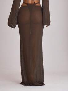 Musera Resort Knit Tie Front Maxi Skirt Cover Up Swim Vacation Holiday Summer Travel Beachwear Basics Solid Colour Resort Core Casual Elegant - Coffee Brown - View 5