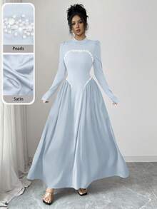 Modelyn Đầm dài màu đỏ rượu vang thanh lịch đính hạt cườm dành cho nữ, thích hợp cho mùa đông. - Màu xanh nhạt - Xem 3