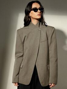 Aveloria Modichic Stand Collar Oblique Placket Blazer, Crafting A High-End Business Look - Grey - View 4