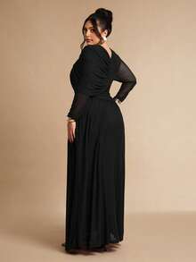 SHEIN BAE Vestido assimétrico de malha de tule marrom café de manga comprida para mulheres plus size - Preto - Ver 2