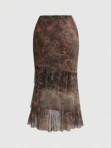 ROMWE Hippie 女士复古波西米亚嬉皮风多层荷叶边修身鱼尾裙 - 棕色 - 查看 2