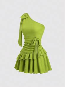 Sweetra Y2K性感不对称肩部度假风褶皱雪纺连衣裙 - 綠色 - 查看 1