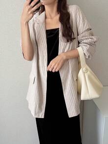 FRIFUL Women's Casual Commuting Striped Loose Blazer - Apricot - View 9