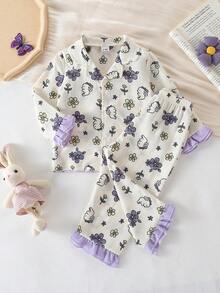 2pcs/Set Baby Girls' Long Sleeve Top And Pants, Purple Ruffle Hem Rabbit & Flower Pattern, Soft Woven Fabric Loungewear, Best Gift For Baby Girls - Multicolor - View 3