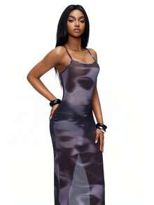 TypaGal Y2K Sexy Summer Black Stylish Chic Bold Modern Women's Fashion Carnival Party Beach Vacation Street Casual  Face Print Fashion Mesh Bodycon Spaghetti Strap Dress - Black and White - View 1