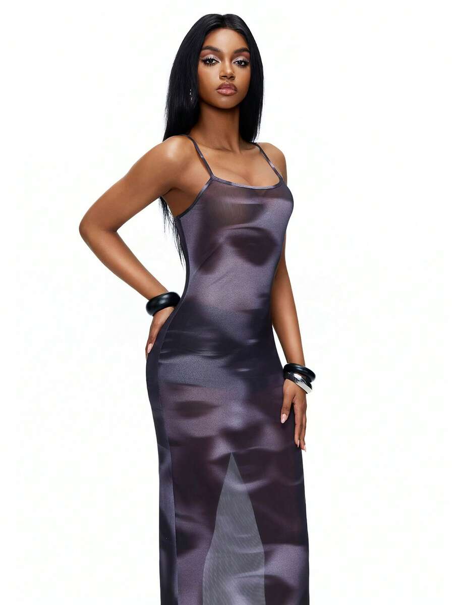 TypaGal Y2K Sexy Summer Black Stylish Chic Bold Modern Women's Fashion Carnival Party Beach Vacation Street Casual  Face Print Fashion Mesh Bodycon Spaghetti Strap Dress - Black and White - View 1