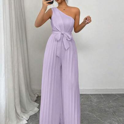 Elegante tuta monospalla con vita arricciata di colore unito per donna
