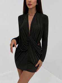 Aloruh Women's Sexy Deep V-Neck Long Sleeve Draped Cross Decor Mini Dress, Versatile For Party, Christmas, New Year Banquet - Black - View 5