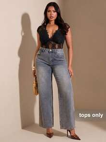 SHEIN BAE 大码女士时尚性感棕色蕾丝V领连体衣 - 黑色 - 查看 1