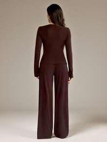 SHEIN Tall Ribbed Cardigan And Wide Leg Pants Co Ord Set For Women Casual Lounge Wear Autumn Winter Outfit Two Piece Pant Set Tall Two Piece Set Brown Two Piece Set Long Sleeve Two Piece Set Baithingsuit Brown Pant Set - Chocolate Brown - View 2