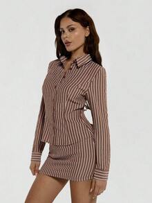 SHEIN ICON 2pcs Striped Shirt & Mini Bodycon Skirt Set - Brown - View 4