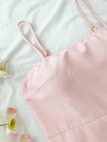 SHEIN 少女连衣裙，纯色梭织泡泡褶双层裙摆，休闲吊带法式仙女裙，优雅蛋糕裙，适合日常休闲穿着、上学、度假、派对、生日、情人节、婚礼季、公主裙、儿童情人节 - 粉色 - 查看 4