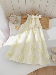 Young Girl's Stand Collar Mesh Floral Casual Loose Halter Dress - Apricot - View 8