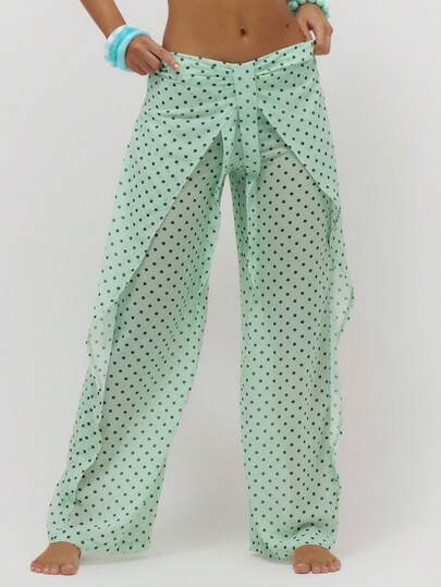 Musera Resort Polka Dot Ruffle Front Wide Leg Low Waist Semi Sheer Beach Cover Up Trousers Summer Swim Beach Vacation Everyday Sexy Cute Travel Bambola