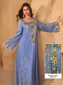 Al Najma Women's Square Neck Sequin Embroidered Blue Lace Long Sleeve Mesh Loose Fit Dress - Blue - View 4