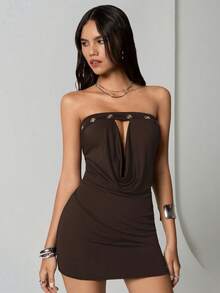 TRNVIE 1 chiếc đầm hai dây croptop khoét rỗng màu đen với khoen kim loại, đầm mini ôm sát hở lưng gợi cảm cho tiệc tùng, trang phục thường ngày, đầm màu nâu sô cô la thu đông dành cho nữ, đầm ôm sát, đầm không dây vai - màu nâu - Xem 5