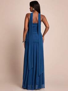 SHEIN BAE Women's Teal Blue Summer Elegant Dining Dress,Solid Navy Blue Ruched Fitted Maxi Strapless Tie Waist Beach Resort Wedding Guest Attire Brunch Dress - Navy Blue - View 2