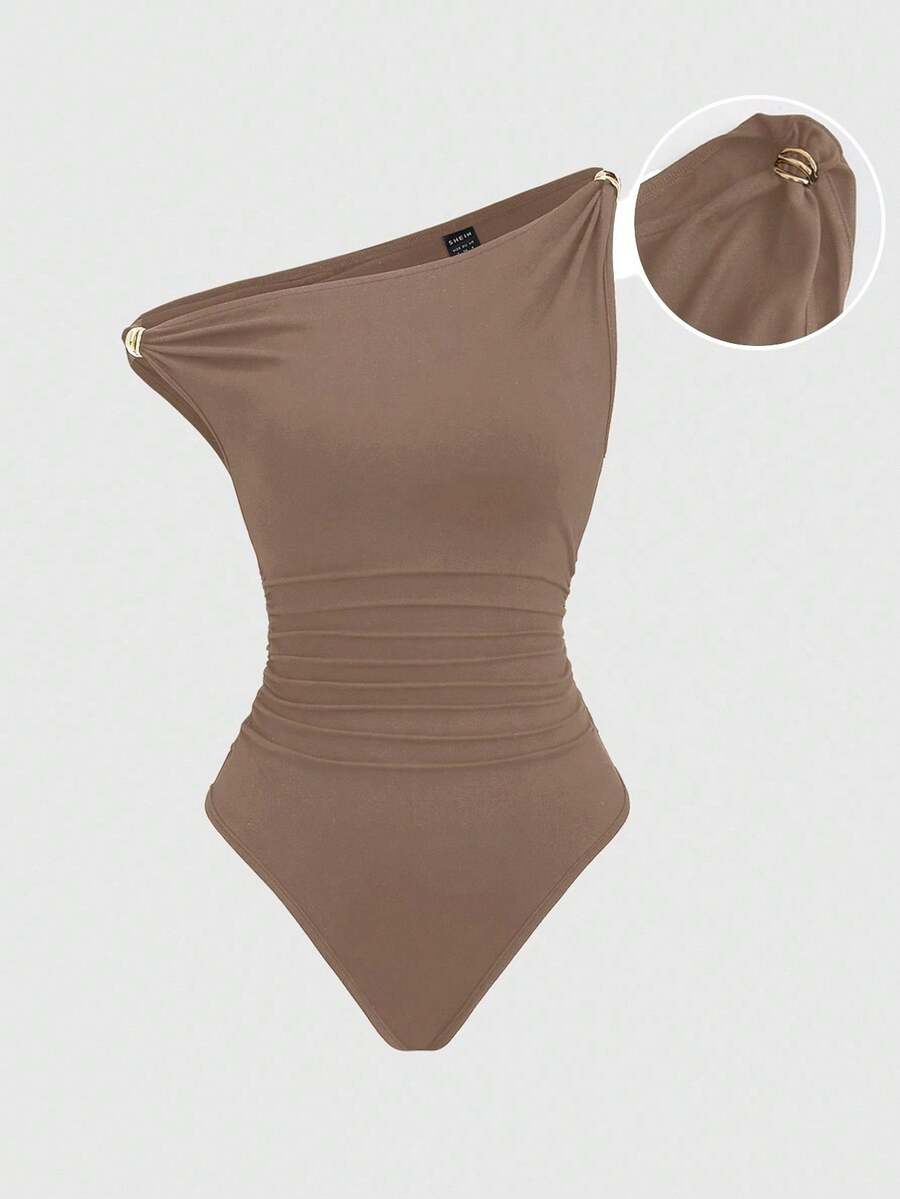 Sweetra Metal Decor Ruched Casual Bodysuit, Versatile For Spring/Summer Brown Bodysuit - Khaki - View 1