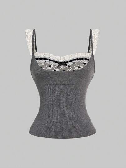 ROMWE Kawaii 1pc Women's Lace Trim Sweet Camisole, Looks Like Two Pieces, Suitable For Valentine's Day