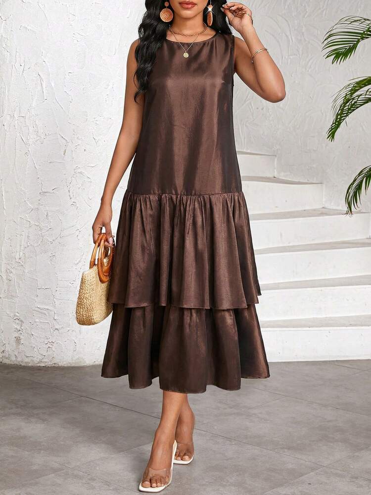 SHEIN Lady 女士时尚纯色无袖中长连衣裙 - 深棕色 - 查看 5