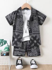 SHEIN 男生 Paisley 印花襯衫&短褲&背心 - 黑與白 - 查看 1