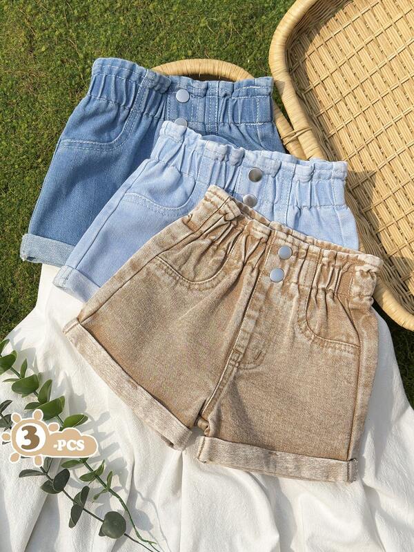 SHEIN Vintaside Kids Baby Girls' 3-Piece Denim Set, This Denim Shorts Set Includes Light Blue, Khaki, And Navy Blue, Featuring Elastic Waist And Double Button Design For Easy Fit, Vintage Chic Style. Light Blue Is Fresh Like Sea Breeze, Khaki Has A Relaxed Vibe, Navy Blue Is A Classic Versatile Color. All Preserve The Natural Texture Of Denim Fabric, Cuffed Hem Adds A Casual Touch.