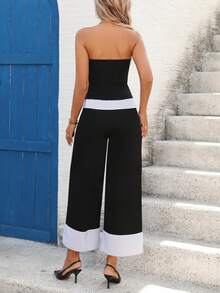 EMERY ROSE 二合一编织抹胸上衣 + 直筒七分裤 - 藍色 - 查看 2